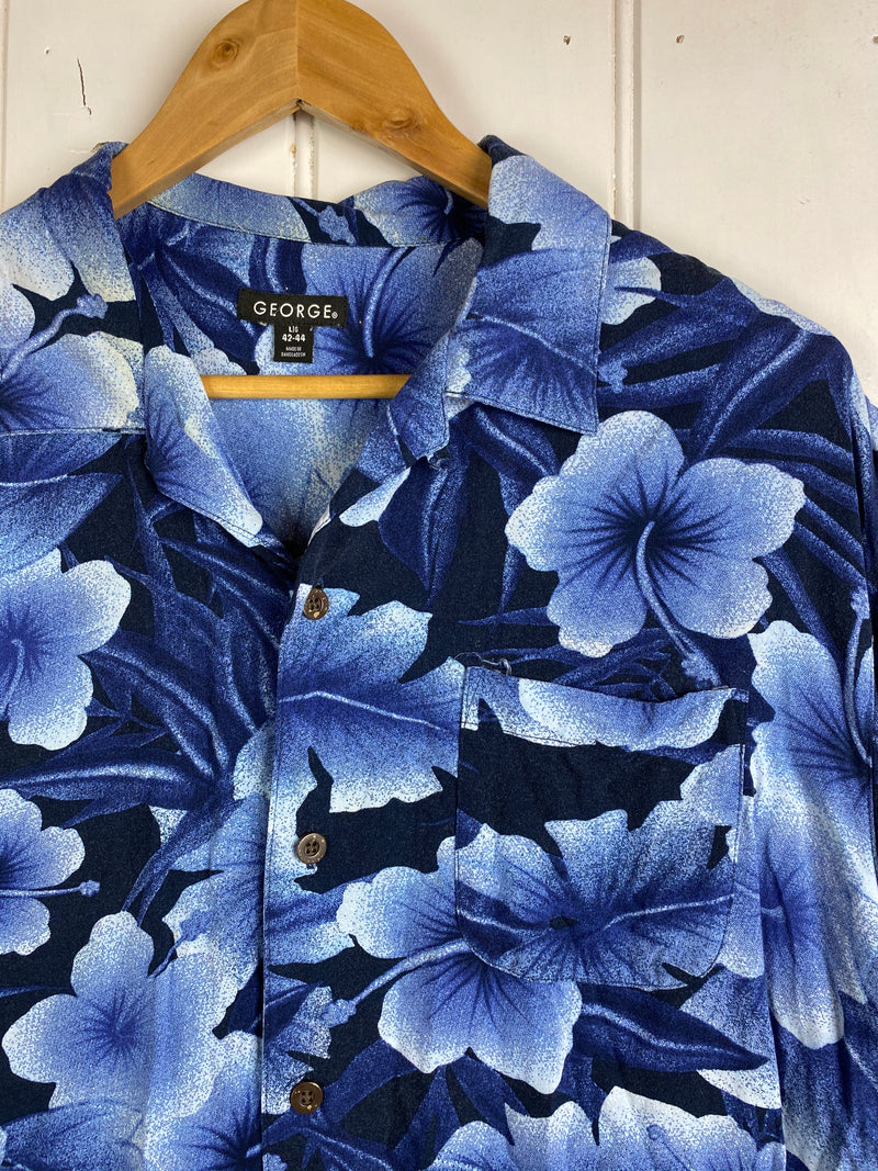 Vintage Party Shirt - Blue Flower Shirt - Large