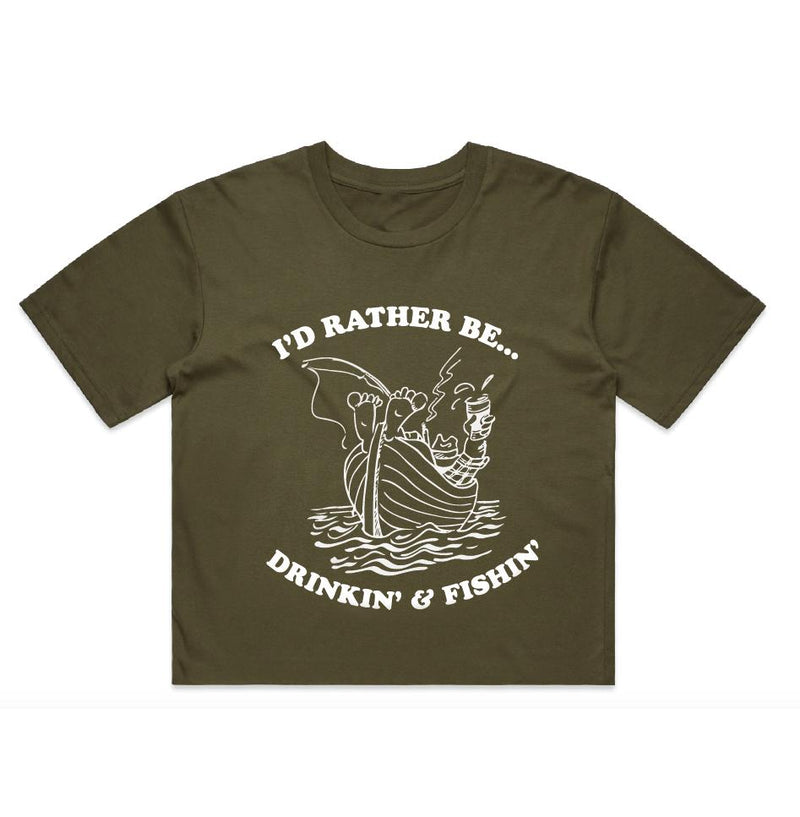Drinkin' & Fishin' Crop - Army Green